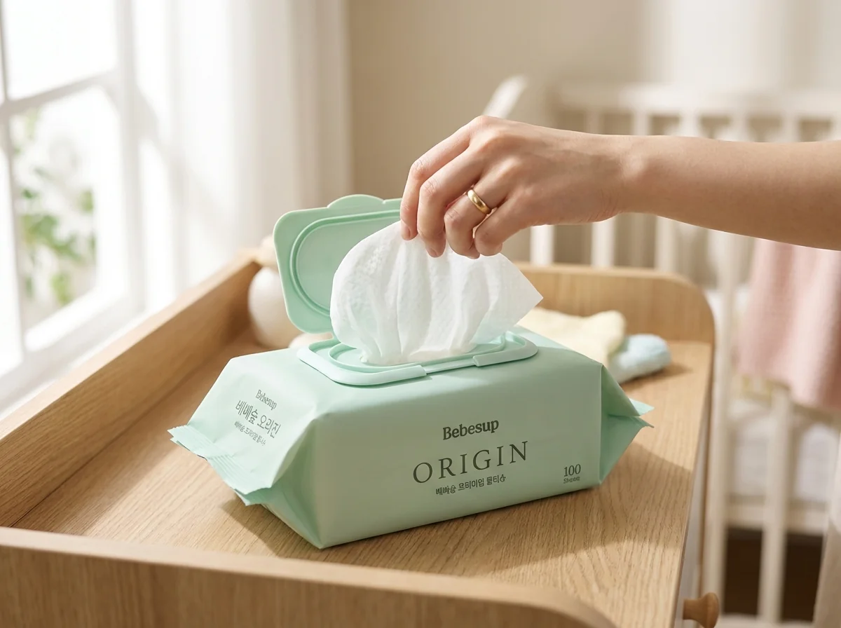 베베숲 캡형 물티슈 사용 모습