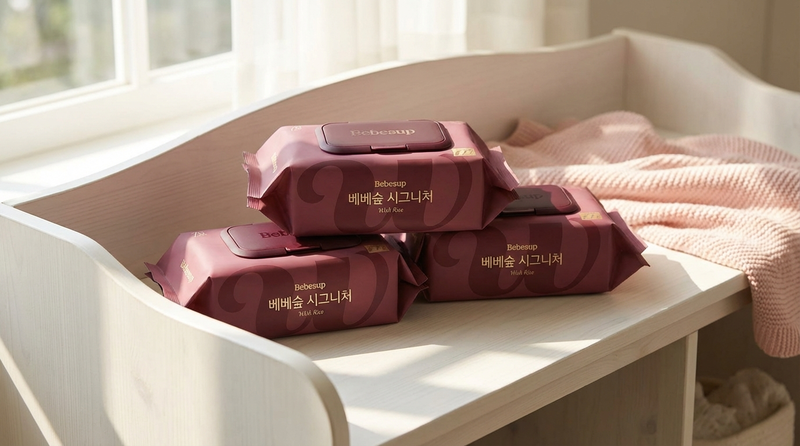 베베숲 시그니처 레드 아기물티슈 3개 패키지 육아 선반 배치