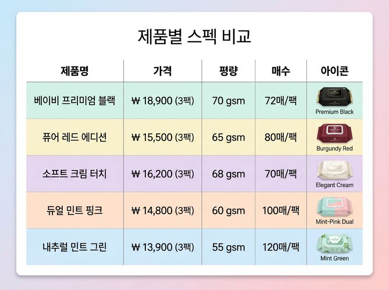 아기물티슈 추천 제품별 스펙 비교표 평량 가격 매수