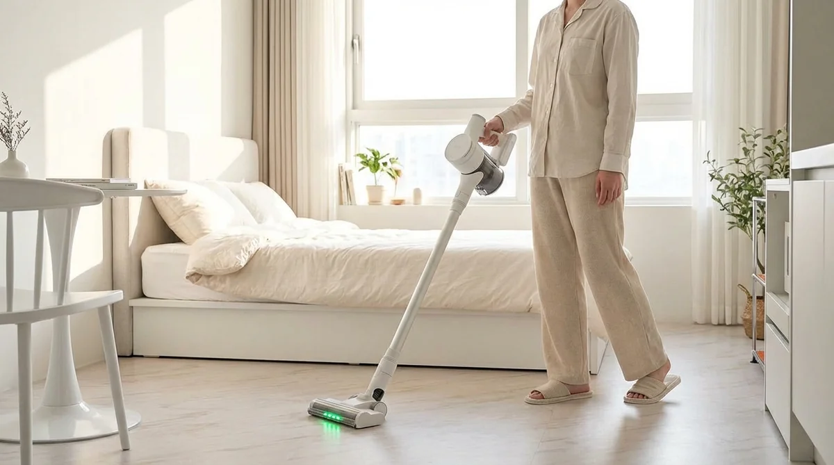 원룸에서 홈리아 무선청소기로 청소하는 모습