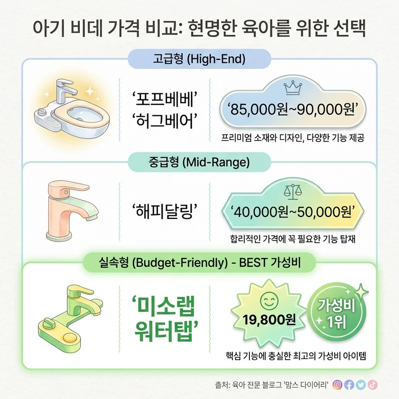 아기비데 브랜드별 가격 비교 - 미소랩이 가장 저렴