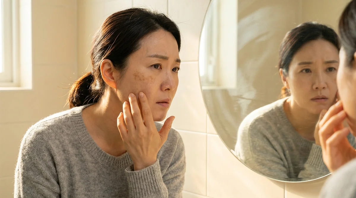 기미 고민 여성 거울 보며 색소침착 확인