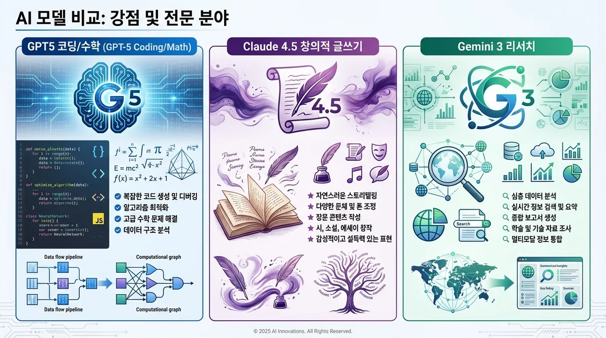 AI 모델 비교 GPT5 Claude 4.5 Gemini 3 강점 분석