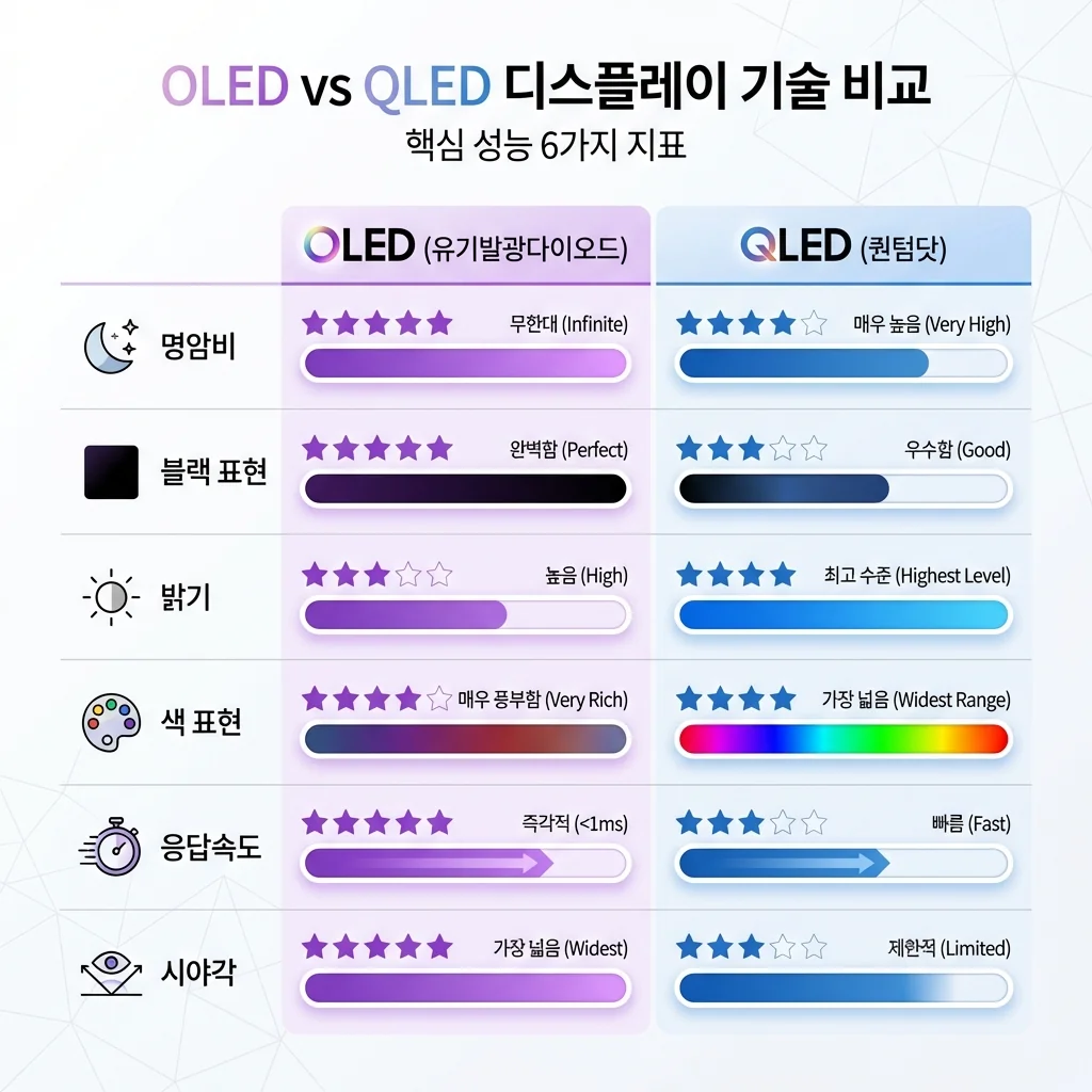OLED vs QLED 화질 비교 인포그래픽