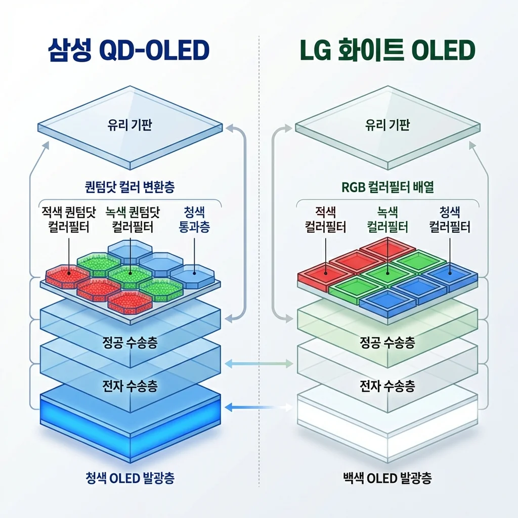 삼성 QD-OLED vs LG 화이트 OLED 구조 비교