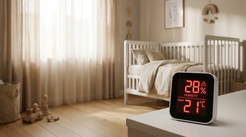 신생아 가습기 필요성을 보여주는 저습도 측정 화면