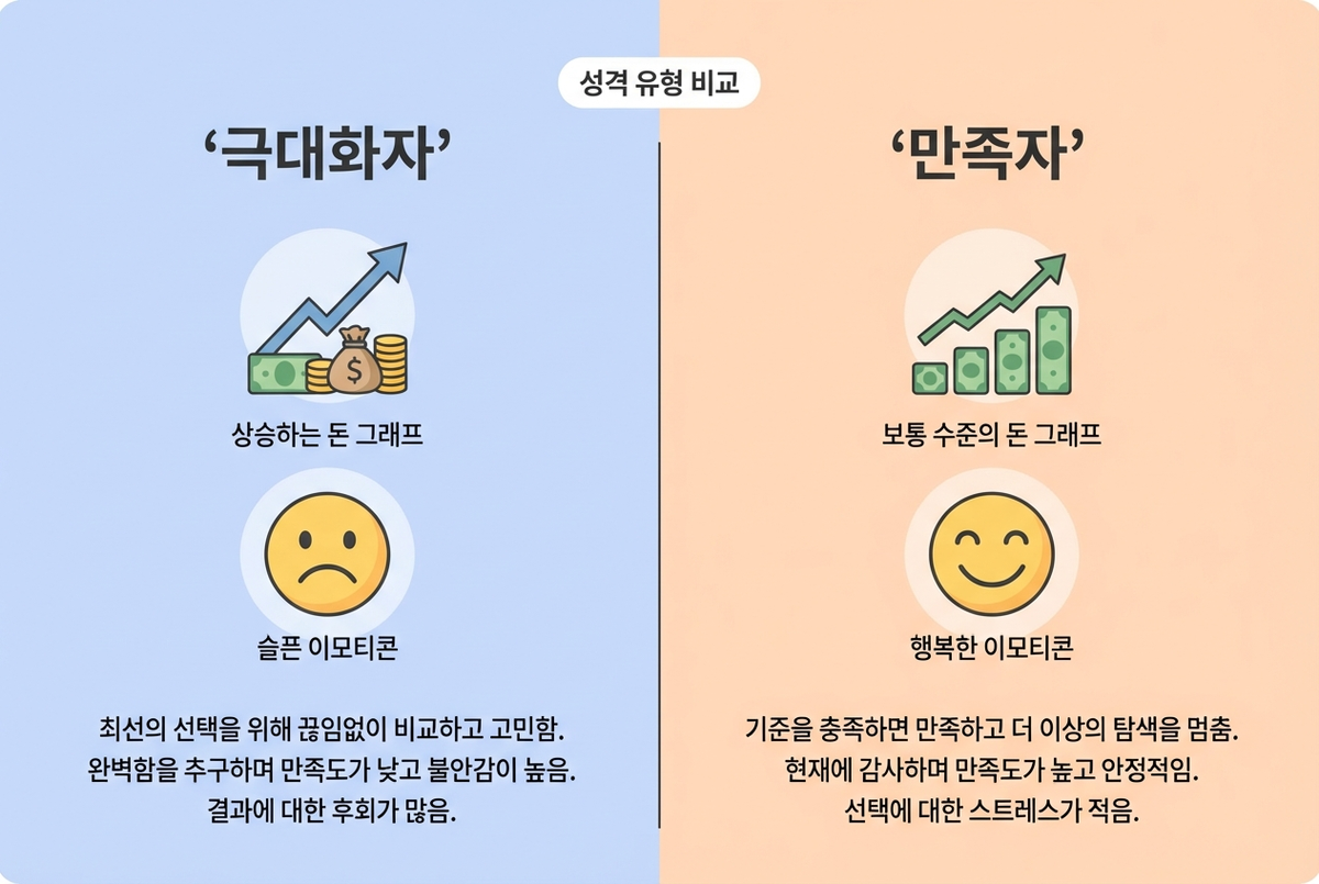 극대화자와 만족자 비교 인포그래픽