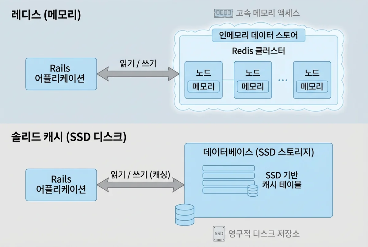 Redis 아키텍처와 Solid Cache 아키텍처 비교 다이어그램
