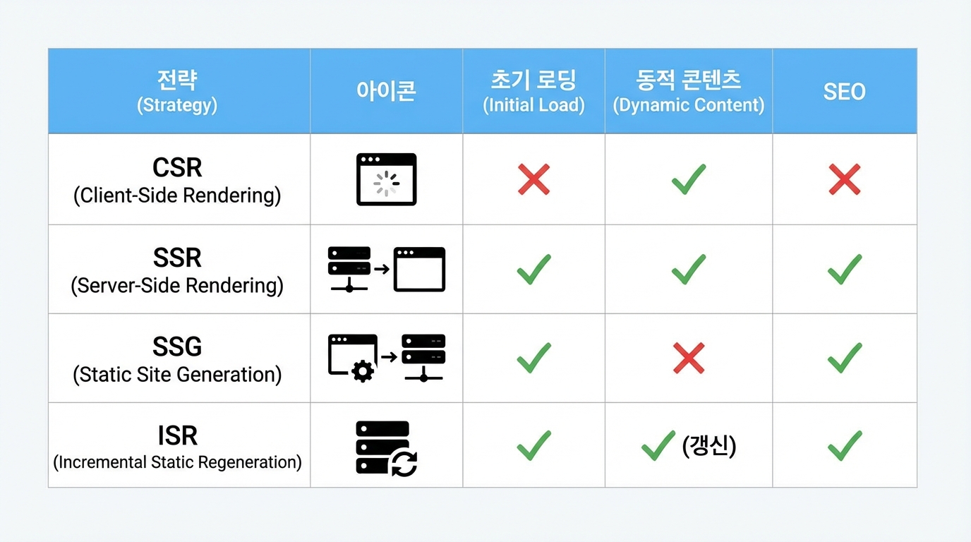 Next.js 렌더링 전략 CSR SSR SSG ISR 비교