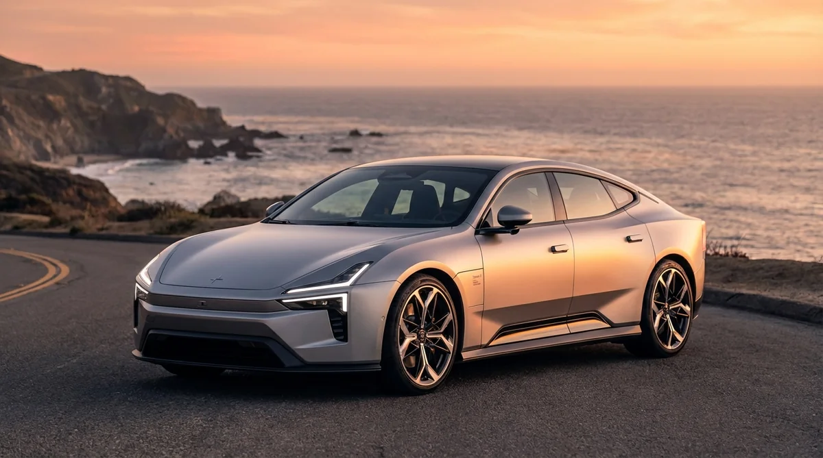 폴스타5 전기 GT카 해안도로 주행 모습