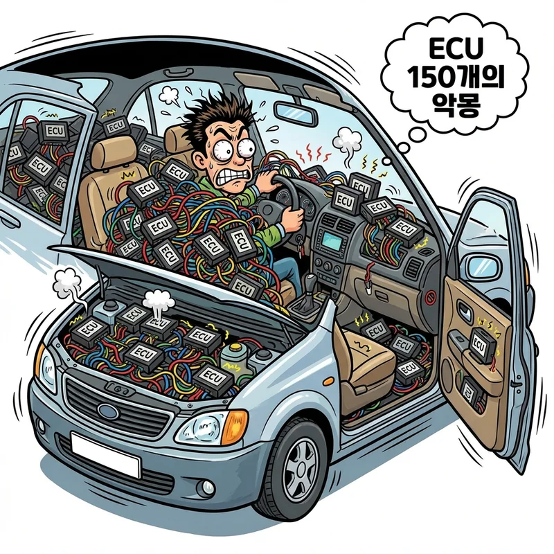 분산형 아키텍처 자동차 ECU 배선 복잡도 일러스트