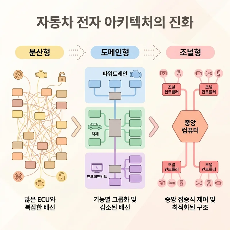 자동차 아키텍처 진화 과정 인포그래픽 - 분산형 도메인형 조널형 비교
