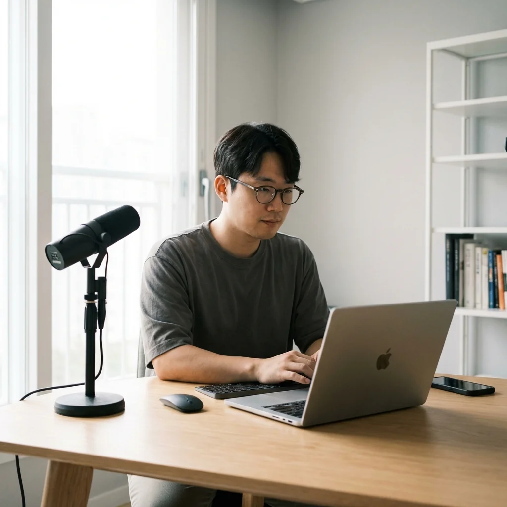 1인 창업가의 홈오피스: 자연광이 드는 창가에서 맥북으로 작업하는 모습