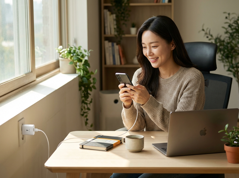 초고속충전기 사용 장면 - 집에서 스마트폰 충전하는 모습