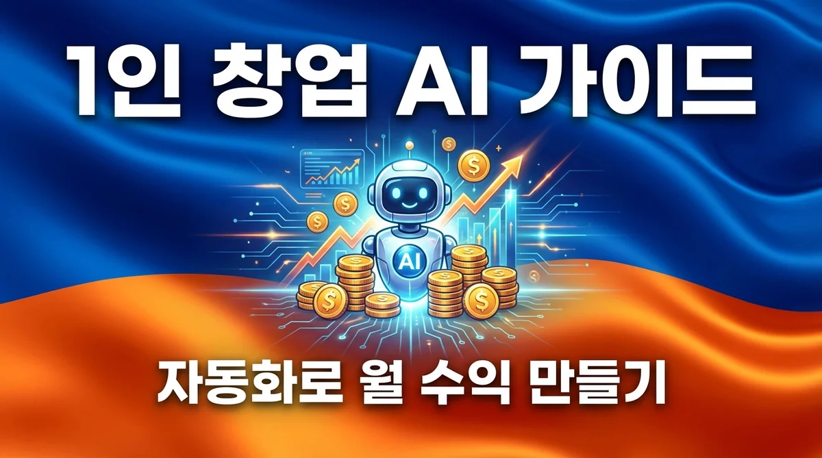 1인 창업 AI 가이드 썸네일: AI 로봇과 동전으로 자동화된 수익 창출