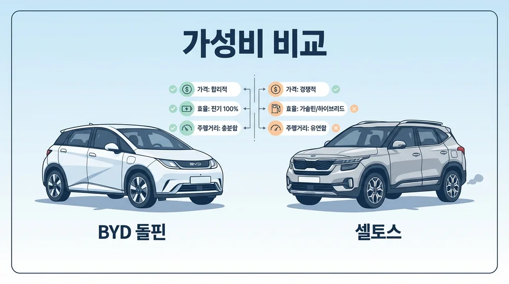 BYD 돌핀 셀토스 가성비 비교 일러스트