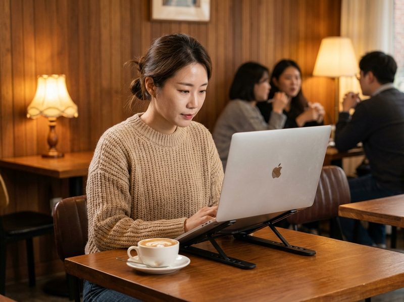 카페에서 노트북 거치대 사용 중인 한국 여성