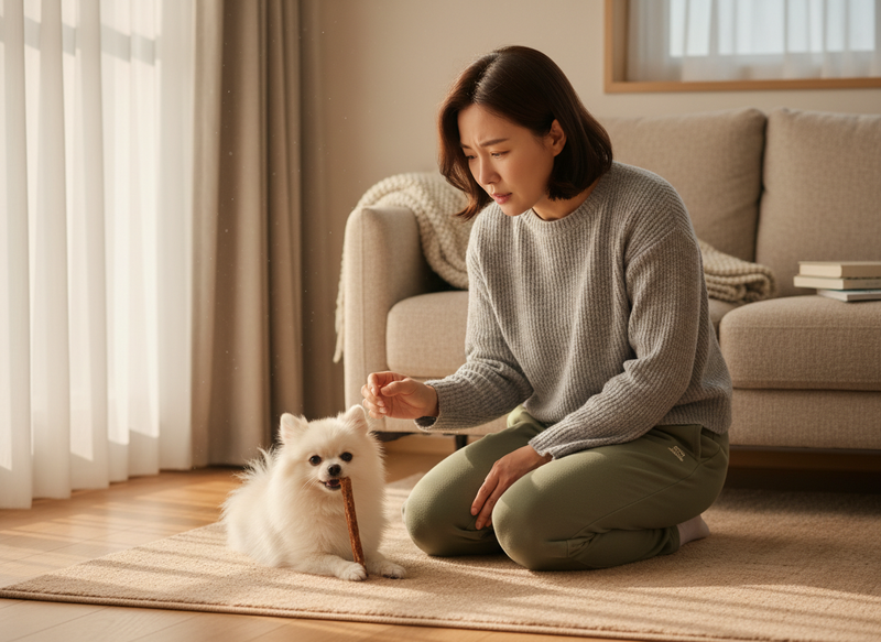 강아지 간식 삼킴 걱정하는 보호자 모습