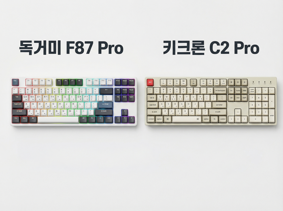 독거미 F87 Pro 키크론 C2 Pro 비교 이미지, 텐키리스 vs 풀배열 나란히 배치