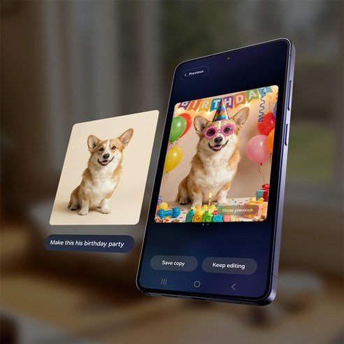 Galaxy AI 사진 편집 텍스트 프롬프트로 강아지 사진을 생일파티 장면으로 변환