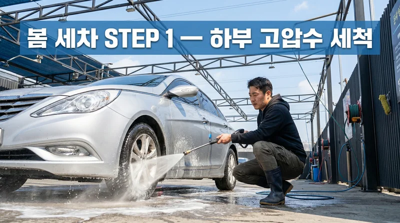 봄 세차 고압수로 차량 하부 세척하는 장면