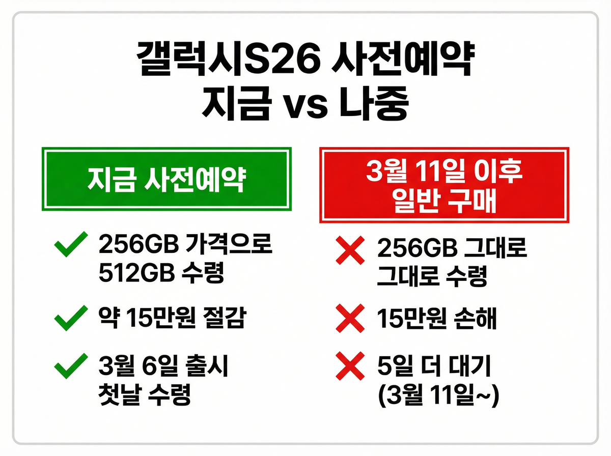 갤럭시S26 사전예약 혜택 비교 - 지금 예약 시 512GB, 일반 출시 후 256GB