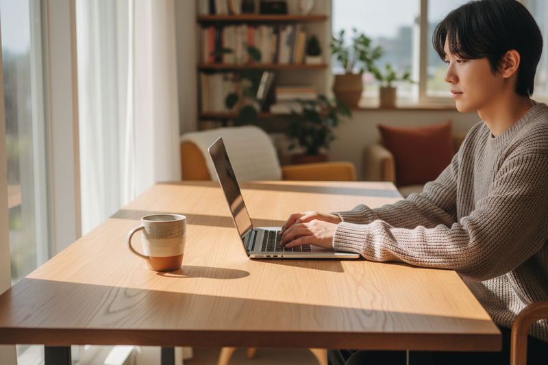 맥북M5 출시 라이프스타일, 밝은 작업 공간에서 노트북을 사용하는 장면