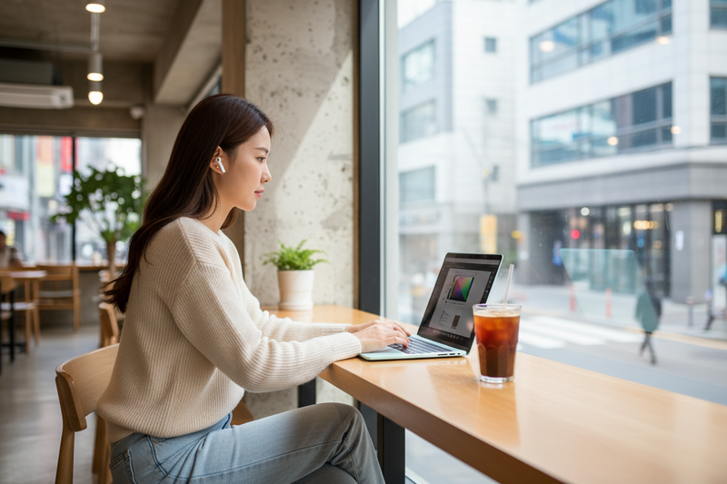 맥북에어M5 카페 작업, 스카이 블루 노트북으로 집중하며 작업하는 장면