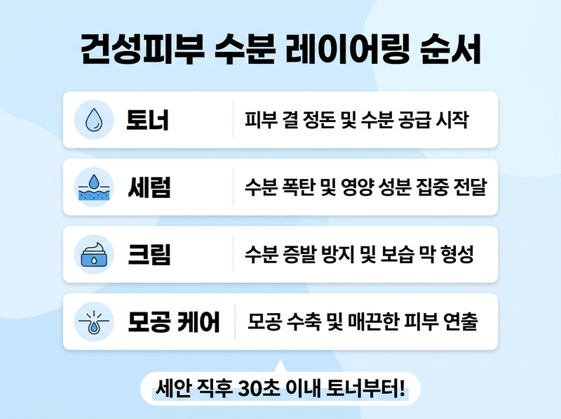 건성피부 세안루틴 수분 단계 인포그래픽 토너 세럼 크림 레이어링 순서