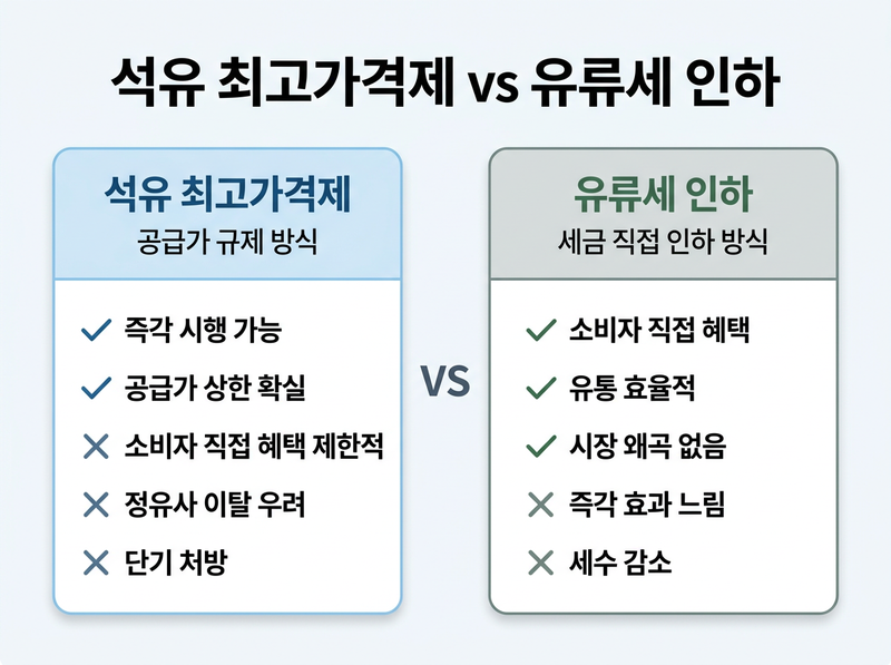 석유 최고가격제 문제점, 유류세 인하 비교