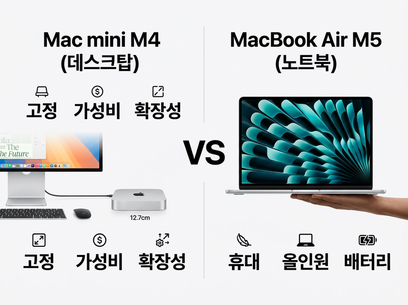 맥미니 M4 맥북에어 M5 비교 인포그래픽 데스크탑 vs 노트북 차이