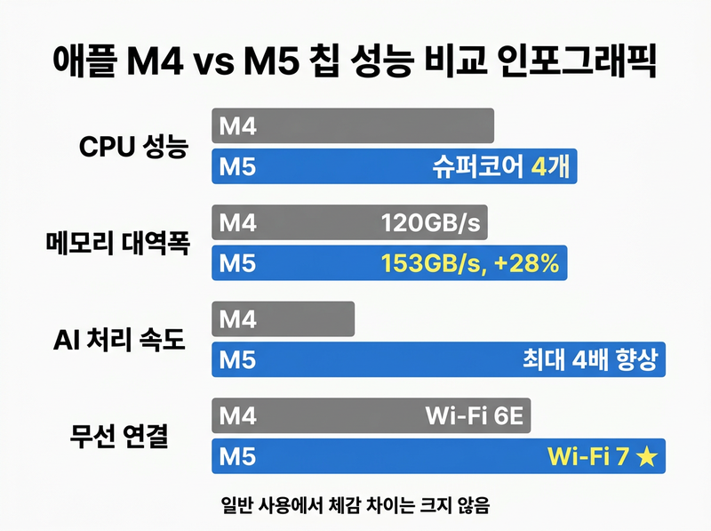 애플 M4 vs M5 칩 성능 비교 차트, 맥미니 M4 맥북에어 M5 성능 차이