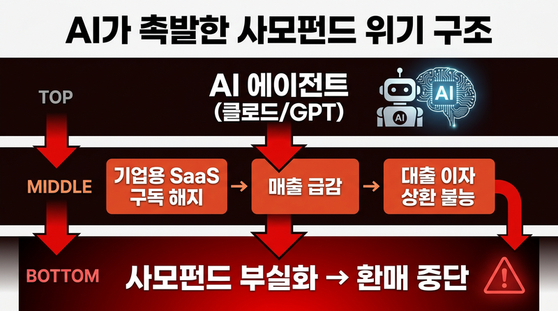 AI 에이전트가 촉발한 사모펀드 위기 - SaaS 파괴와 사모신용 부실화 구조 흐름도