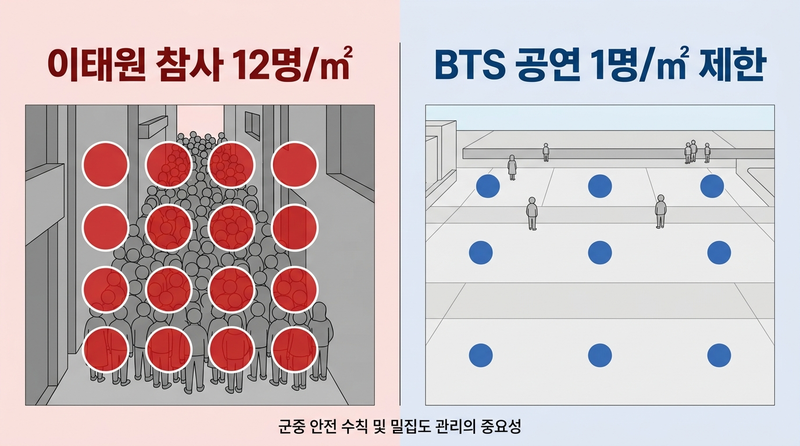 이태원 참사 군중 밀집도 비교, BTS 공연 안전 관리 1인 1㎡