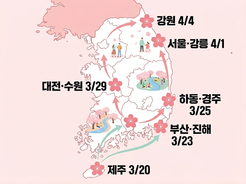 2026년 전국 벚꽃 개화시기 지도, 지역별 만개 일정