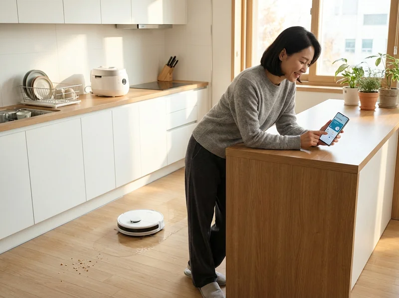 스마트폰 앱으로 삼성 로봇청소기를 제어하는 한국인 주부
