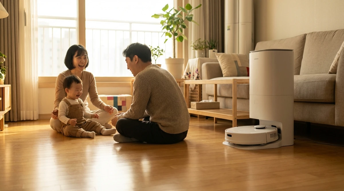 깨끗한 바닥에서 행복하게 노는 한국 가족