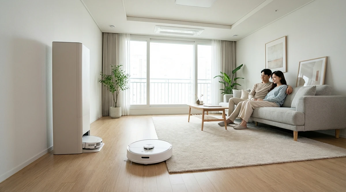 삼성 비스포크AI스팀 로봇청소기가 현대적인 한국 거실에서 청소하는 모습