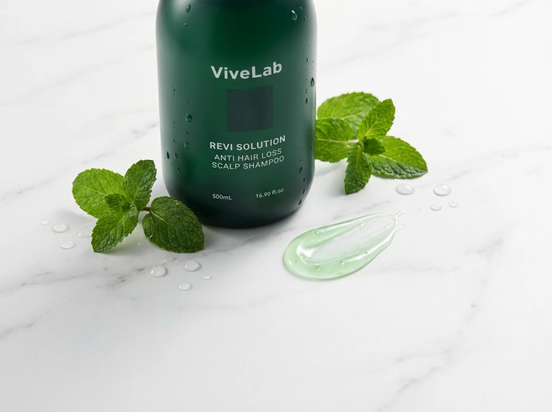 초록샴푸 제형 텍스처 민트잎과 물방울